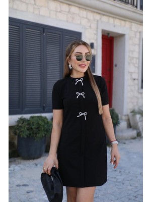 Moda Loris Kadın Kısa Kollu Bisiklet Yaka Önden Fiyonk Detaylı Ithal Krep Elbise