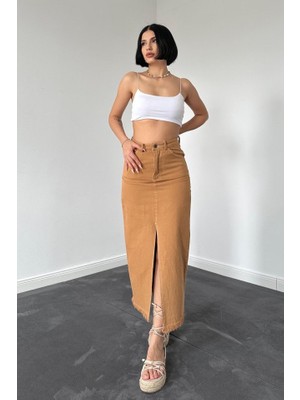 Moda Loris Camel Gabardin Boyamalı Püsküllü Etek