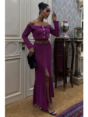 Moda Loris Madonna Yaka Derin Yırtmaç Etekli Şık Triko Takım 10099