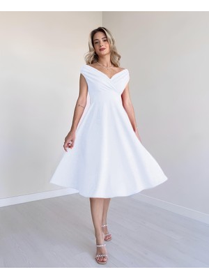 Moda Loris Kadın Kısa Kollu Kruvaze Yaka Eteği Volanlı Krep Elbise