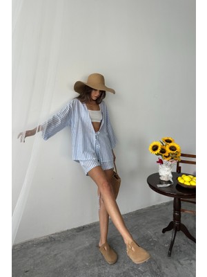 Moda Loris Çizgili Tunik -Şort Takım - Mavi