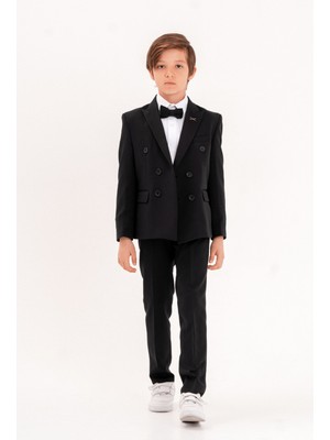Turuncu Gardrop Double Kruvaze Ceketli Erkek Çocuk Takım Elbise Siyah