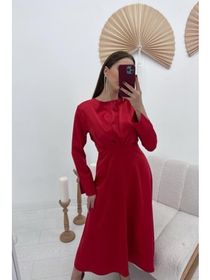 Moda Loris Kırmızı Saten Uzun Elbise