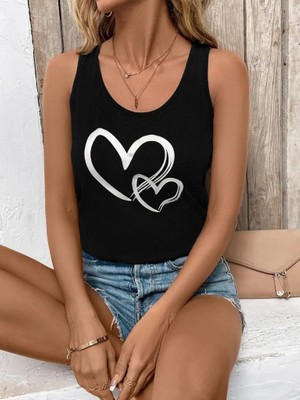 Moda Loris Kadın Askılı Yuvarlak Yaka Kalp Baskılı Viskon Bluz