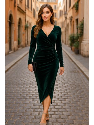 Moda Loris Kadın Uzun Kollu Kruvaze Yaka Belden Büzgü Detay Midi Kadife Elbise