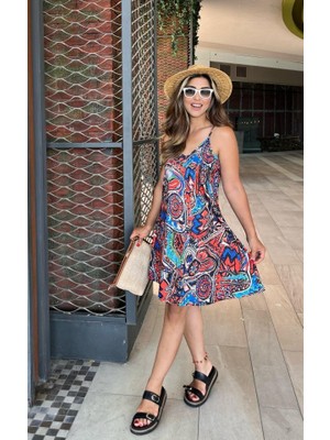 Moda Loris Kadın Ip Askılı V Yakalı Desenli Kısa Süprem Elbise