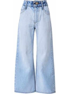 Escabel Kız Çocuk Jean Pantolon Buz Mavi Denim Çift Renkli Geniş Paçalı