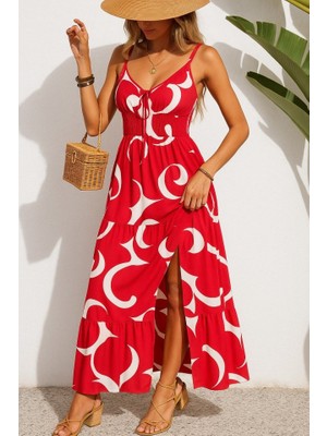 Moda Loris Kadın Ip Askılı Dekolteli Bağcıklı Yırtmaçlı Desenli Süprem Elbise