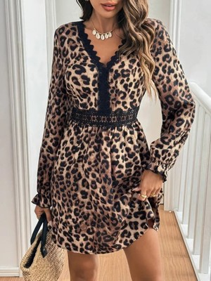 Moda Loris Kadın Uzun Kollu V Dantel Yakalı Leopar Desenli Modal Mini Elbise