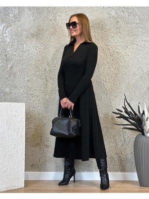 Moda Loris Kadın Uzun Kollu Yakalı Midi Viskon Iki Iplik Elbise