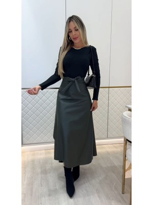 Moda Loris Kadın Belden Kuşaklı Uzun Deri Etek