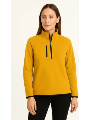 Moda Loris Polar Kazak – Dik Yaka, Yarım Fermuarlı, Fermuarlı Göğüs Cepli, Siyah Biyeli, Kışlık Rahat Regular Fit Günlük Model - Sarı