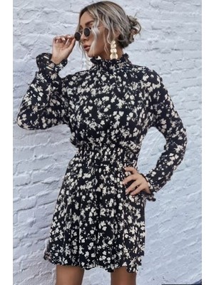 Moda Loris Kadın Uzun Kollu Balıkçı Yaka Çiçek Baskılı Helen Kumaş Elbise