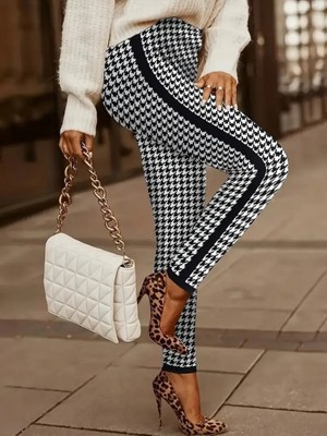Moda Loris Kadın Yüksek Bel Kaz Ayağı Desenli Yanları Şeritli Dalgıç Pantolon