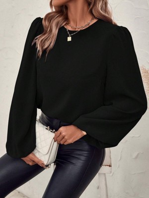 Moda Loris Kadın Uzun Kollu Yuvarlak Yaka Arkadan Bağcıklı Salaş Ithal Krep Bluz