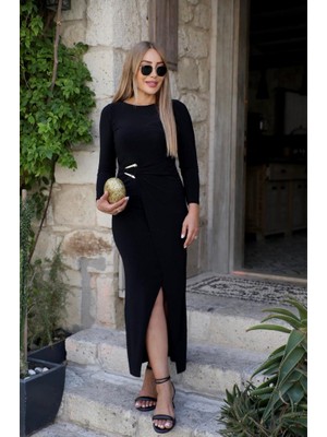 Moda Loris Kadın Uzun Kollu Önden Çapraz Detaylı Yandan Toka Detaylı Uzun Sandy Elbise