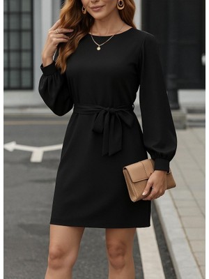 Moda Loris Kadın Uzun Kollu Kayık Yaka Belden Kuşaklı Kısa Ithal Krep Elbise