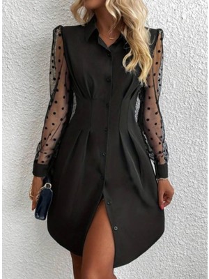 Moda Loris Kadın Uzun Kollu Yakalı Düğmeli Mini Ithal Krep Elbise