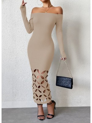 Moda Loris Kadın Madonna Yaka Uzun Kollu Lazer Çiçek Kesim Detaylı Uzun Ithal Krep Elbise