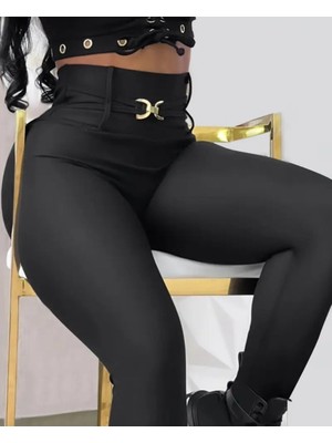 Moda Loris Kadın Yüksek Bel Belden Toka Detaylı Dalgıç Tayt