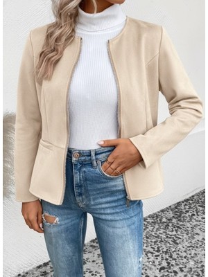 Moda Loris Kadın Uzun Kollu Yuvarlak Yaka Önden Fermuarlı Süet Ceket