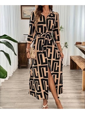 Moda Loris Kadın Uzun Kollu Yakalı Önden Düğmeli Uzun Süprem Elbise