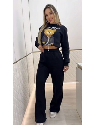 Moda Loris Kadın Uzun Kollu Bisiklet Yaka Desenli Iki Iplik Şardonlu Bluz ve Pantolon Ikili Takım