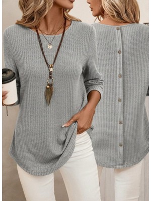 Moda Loris Kadın Uzun Kollu Yuvarlak Yaka Arkadan Düğmeli Waffle Bluz