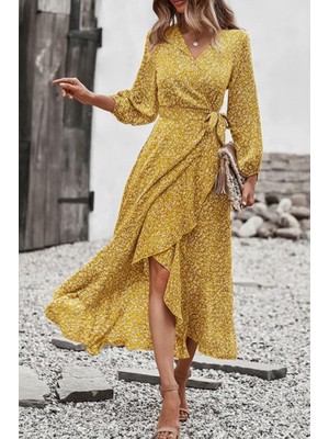 Moda Loris Kadın Uzun Kollu Kruvaze Yaka Yandan Bağlamalı Önden Fırfır Detaylı Süprem Uzun Elbise