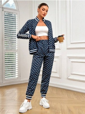 Moda Loris Kadın Uzun Kollu Önden Fermuarlı Desenli Iki Iplik Bluz ve Pantolon Ikili Takım