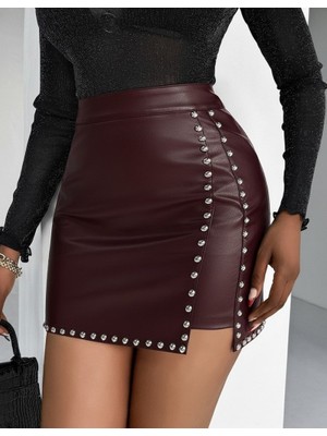 Moda Loris Kadın Yüksek Belli Yandan Çivili Mini Deri Etek