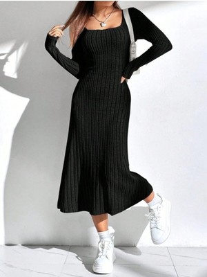 Moda Loris Kadın Uzun Kollu Kare Yaka Midi Kaşkorse Elbise