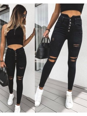 Moda Loris Kadın 5 Düğmeli V Detay Bel Yırtık Kot