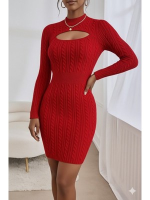 Moda Loris Kadın Uzun Kollu Yarı Balıkçı Yaka Pencere Göğüs Detay Mini Triko Elbise