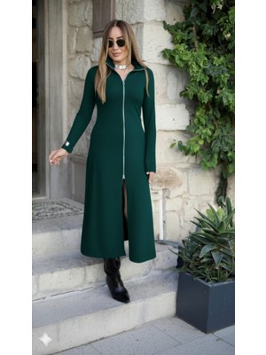 Moda Loris Kadın Uzun Kollu Önden Fermuarlı Ithal Krep Elbise