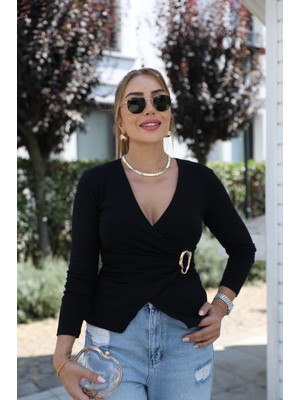 Moda Loris Kadın Uzun Kollu Kruvaze Yakalı Toka Detaylı Viskon Bluz