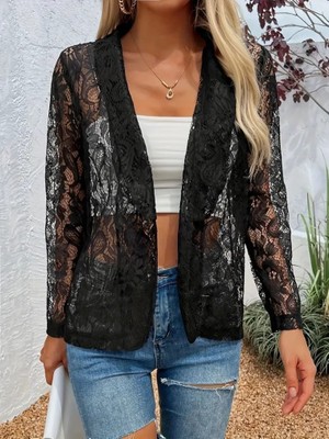 Moda Loris Kadın Uzun Kollu Yakalı Önü Açık Dantelli Ceket