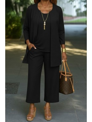 Moda Loris Kadın Uzun Kollu Önü Açık Modal Ceket Kolsuz Viskon Iki Iplik Bluz ve Pantolon Üçlü Takım
