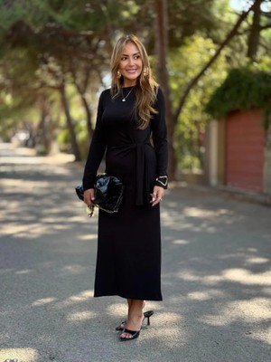 Moda Loris Kadın Uzun Kollu Bisiklet Yaka Yandan Bağlamalı Uzun Modal Elbise