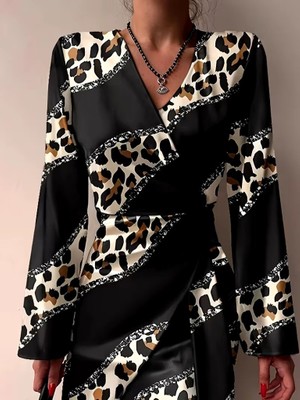 Moda Loris Kadın Uzun Kollu Kruvaze Yakalı Asimetrik Detaylı Mini Modal Elbise
