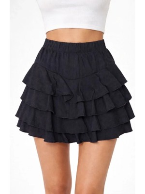 Moda Loris Siyah Katlı Mini Fırfıtlı Etek Lastikli Yüksel Bel, Volanlı Tasarım, Rahat Kalıp, Günlük ve Şık Kombinelere Uygun Yazlık Etek - Siyah