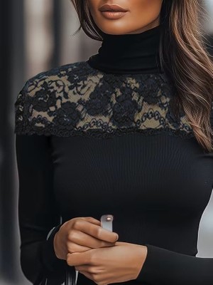 Moda Loris Kadın Uzun Kollu Balıkçı Yaka Dantelli Kaşkorse Bluz