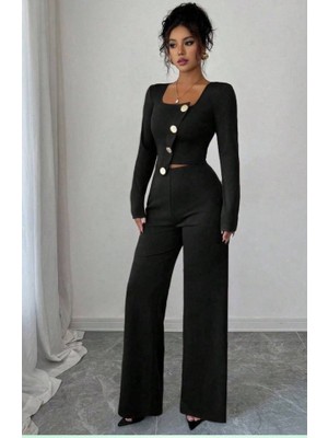 Moda Loris Kadın Uzun Kol Kare Yaka Asimetrik Düğme Detay Bluz ve Yüksek Bel Pantolon Ikili Takım