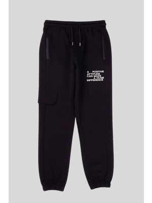 Turuncu Gardrop 5-16 Yaş Positive Baskı Fermuarlı Erkek Çocuk Eşofman Alt Siyah