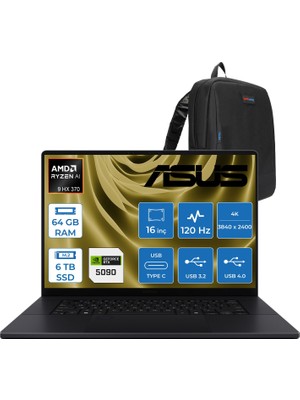 Asus Proart P16 WH7606WX Amd Ryzen Aı 9 Hx 370 64GB Ddr5 6tb SSD Freedos RTX5090 24GB Gddr7 16 Inç Dokunmatik 4K(3840 x 2400) OLED 0.2ms 120Hz 1600NITS WSE039WF05 + Zetta Çanta