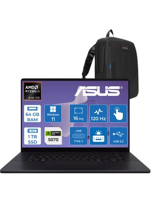Asus Proart P16 WH7606WX Amd Ryzen Aı 9 Hx 370 64GB Ddr5 1tb SSD Windows 11 Pro RTX5070 8gb Gddr7 16 Inç Dokunmatik 3k (2880 x 1800) OLED 0.2ms 120Hz 500NITS WRJ088WWP02 + Zetta Çanta