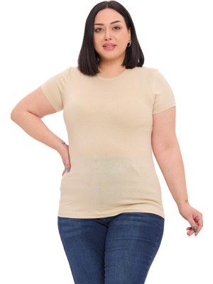 Disentis Modest Büyük Beden Bisiklet Yaka Kısa Kollu Viskon Bej Rengi Body