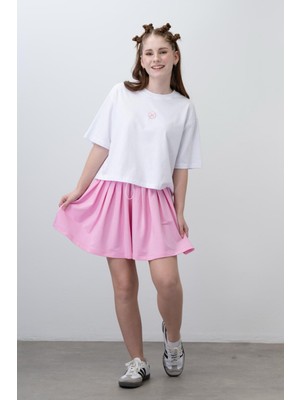 Turuncu Gardrop 9-15 Yaş Nakışlı Tişört Pilili Etek Kız Takım Pembe