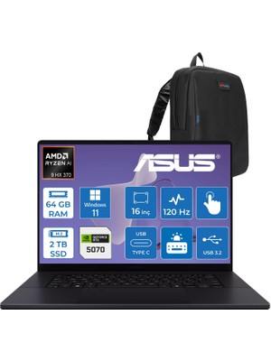 Asus Proart P16 WH7606WX Amd Ryzen Aı 9 Hx 370 64GB Ddr5 2tb SSD Windows 11 Home RTX5070 8gb Gddr7 16 Inç Dokunmatik 3k (2880 x 1800) OLED 0.2ms 120Hz 500NITS WRJ088WWH03 + Zetta Çanta