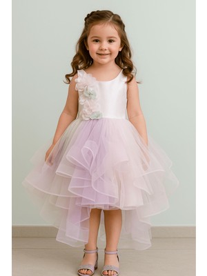 Turuncu Gardrop 3-7 Yaş Etekleri Renkli Arkası Uzun Kız Çocuk Abiye Elbise Beyaz